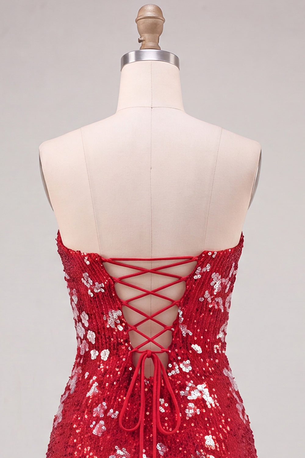 Red Tight Sequin Sparkly Strapless Short Homecoming Dress with Slit