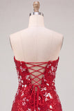 Red Tight Sequin Sparkly Strapless Short Homecoming Dress with Slit