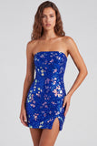 Red Tight Sequin Sparkly Strapless Short Homecoming Dress with Slit