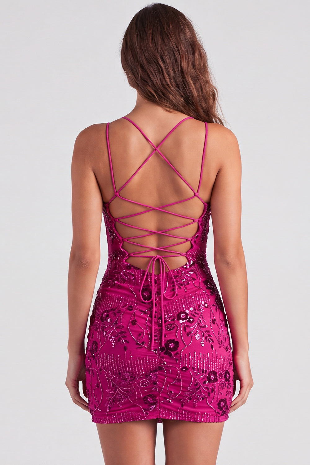 Fuchsia Floral Sequin Sparkly Spaghetti Straps Short Homecoming Dress