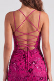 Fuchsia Floral Sequin Sparkly Spaghetti Straps Short Homecoming Dress