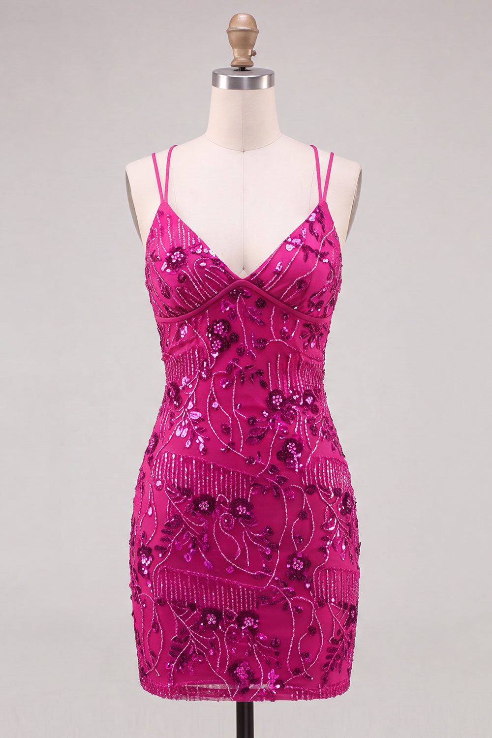Fuchsia Floral Sequin Sparkly Spaghetti Straps Short Homecoming Dress