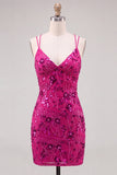 Fuchsia Floral Sequin Sparkly Spaghetti Straps Short Homecoming Dress