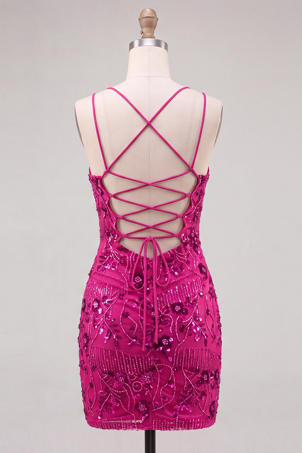 Fuchsia Floral Sequin Sparkly Spaghetti Straps Short Homecoming Dress