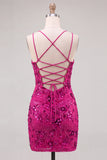 Fuchsia Floral Sequin Sparkly Spaghetti Straps Short Homecoming Dress