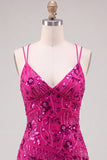 Fuchsia Floral Sequin Sparkly Spaghetti Straps Short Homecoming Dress
