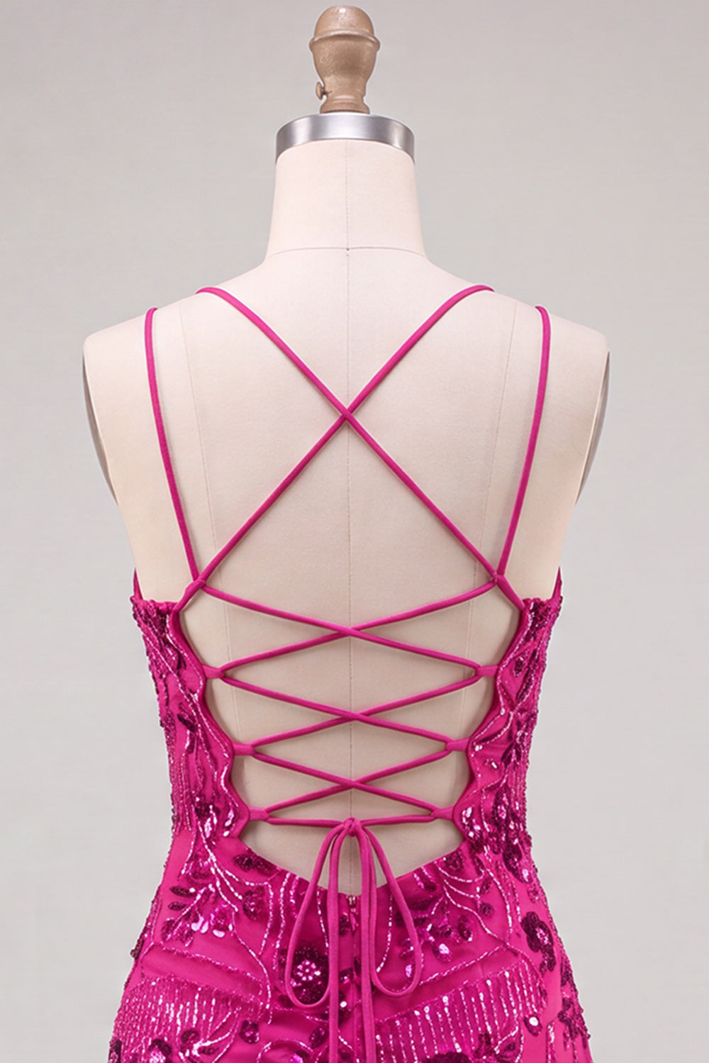 Fuchsia Floral Sequin Sparkly Spaghetti Straps Short Homecoming Dress