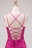Fuchsia Floral Sequin Sparkly Spaghetti Straps Short Homecoming Dress