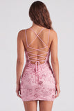 Fuchsia Floral Sequin Sparkly Spaghetti Straps Short Homecoming Dress