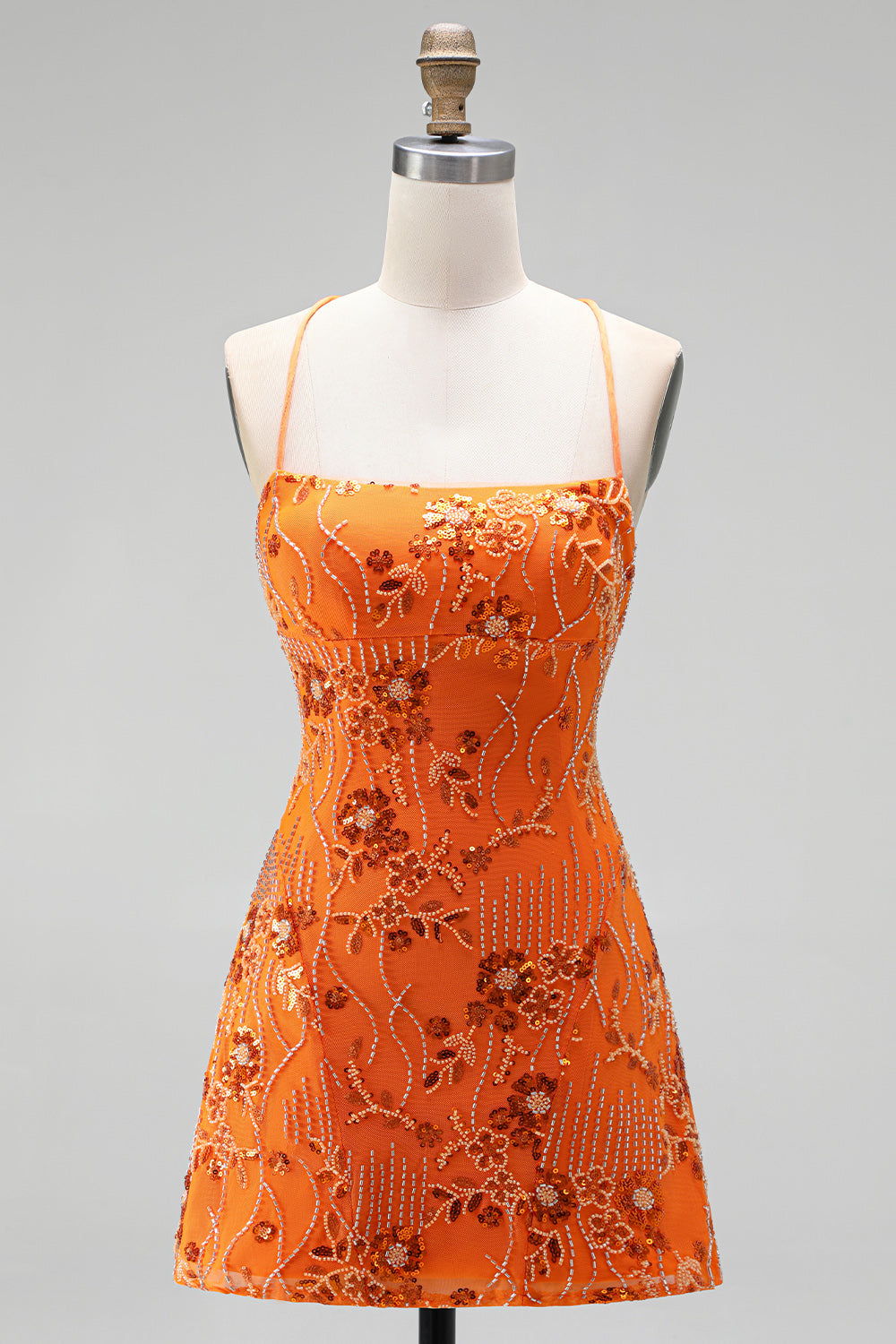 Floral Orange Sequin Sparkly Spaghetti Straps Short Homecoming Dress