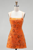 Floral Orange Sequin Sparkly Spaghetti Straps Short Homecoming Dress