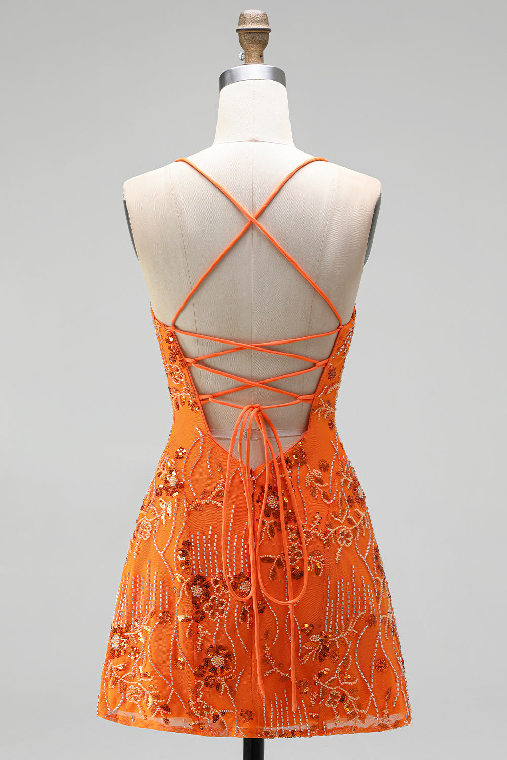 Floral Orange Sequin Sparkly Spaghetti Straps Short Homecoming Dress