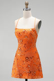 Floral Orange Sequin Sparkly Spaghetti Straps Short Homecoming Dress