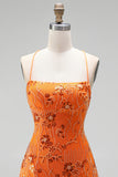 Floral Orange Sequin Sparkly Spaghetti Straps Short Homecoming Dress
