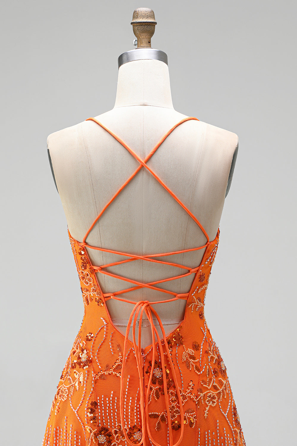Floral Orange Sequin Sparkly Spaghetti Straps Short Homecoming Dress
