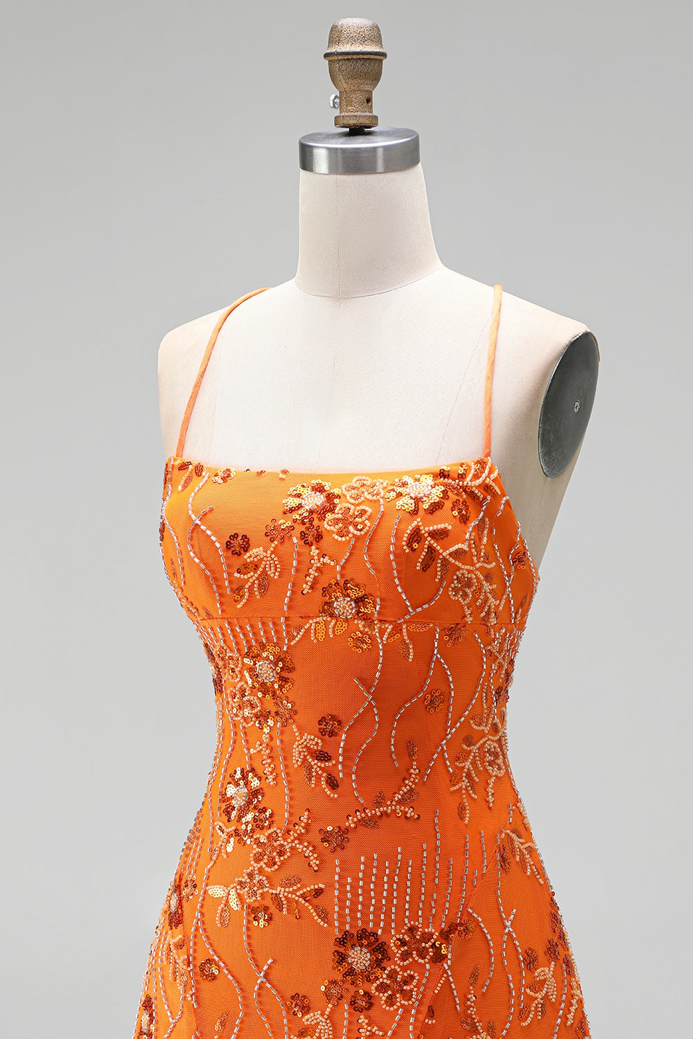 Floral Orange Sequin Sparkly Spaghetti Straps Short Homecoming Dress