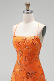 Floral Orange Sequin Sparkly Spaghetti Straps Short Homecoming Dress