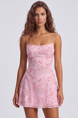 Floral Pink Sequin Sparkly Spaghetti Straps Short Homecoming Dress