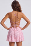 Floral Pink Sequin Sparkly Spaghetti Straps Short Homecoming Dress