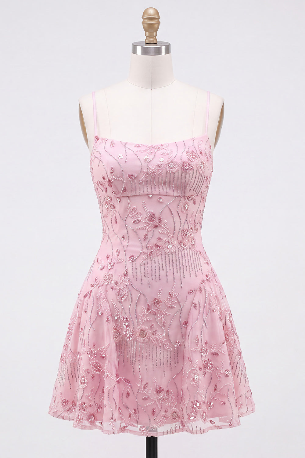 Floral Pink Sequin Sparkly Spaghetti Straps Short Homecoming Dress