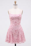 Floral Pink Sequin Sparkly Spaghetti Straps Short Homecoming Dress
