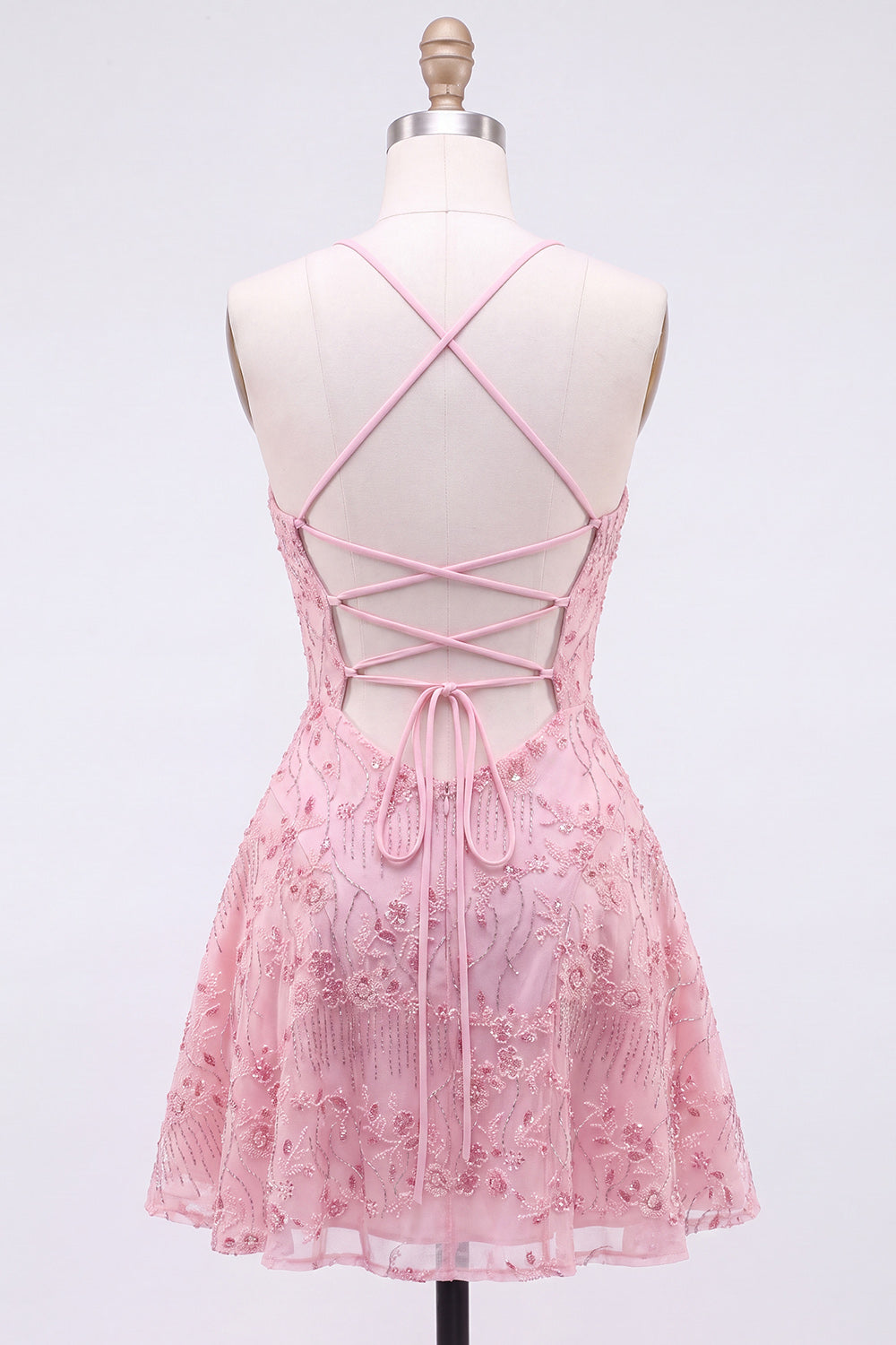 Floral Pink Sequin Sparkly Spaghetti Straps Short Homecoming Dress