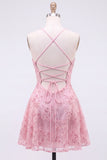 Floral Pink Sequin Sparkly Spaghetti Straps Short Homecoming Dress