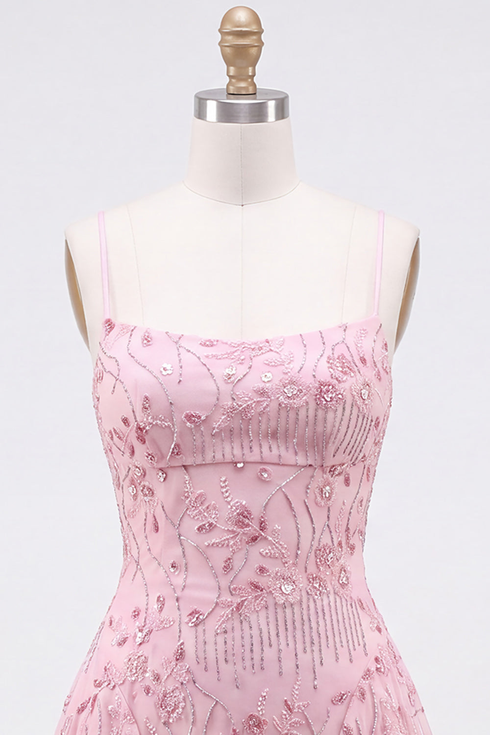 Floral Pink Sequin Sparkly Spaghetti Straps Short Homecoming Dress
