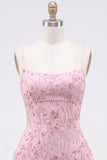 Floral Pink Sequin Sparkly Spaghetti Straps Short Homecoming Dress