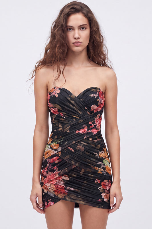 Black Tight Floral Sweetheart Pleated Short Homecoming Dress
