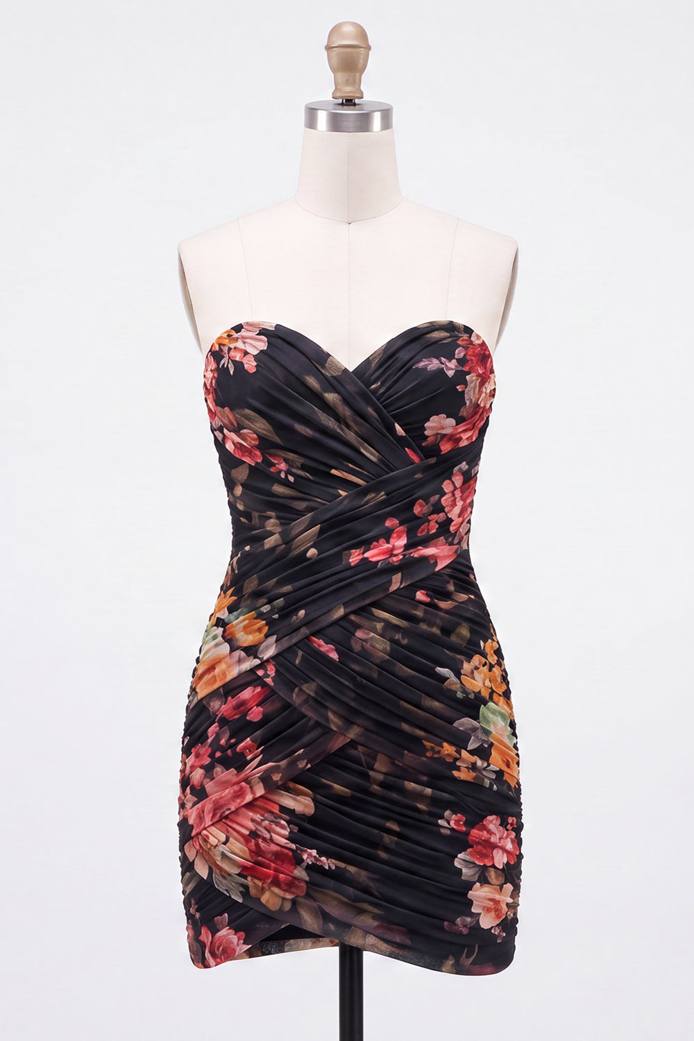 Black Tight Floral Sweetheart Pleated Short Homecoming Dress