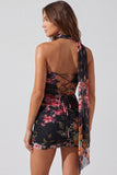 Floral Ivory Tight Strapless Short Homecoming Dress with Neck Scarf