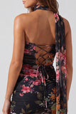Floral Ivory Tight Strapless Short Homecoming Dress with Neck Scarf
