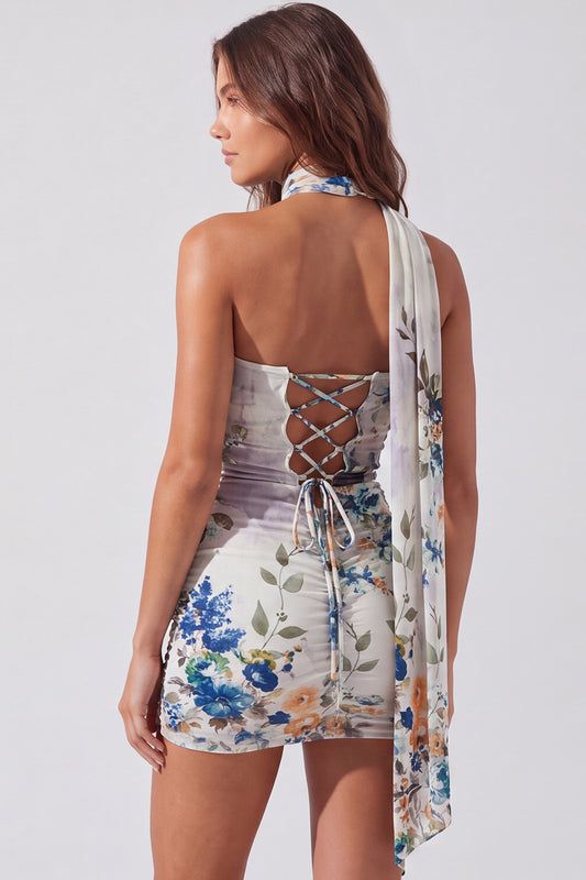 Floral Ivory Tight Strapless Short Homecoming Dress with Neck Scarf