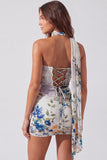 Floral Ivory Tight Strapless Short Homecoming Dress with Neck Scarf