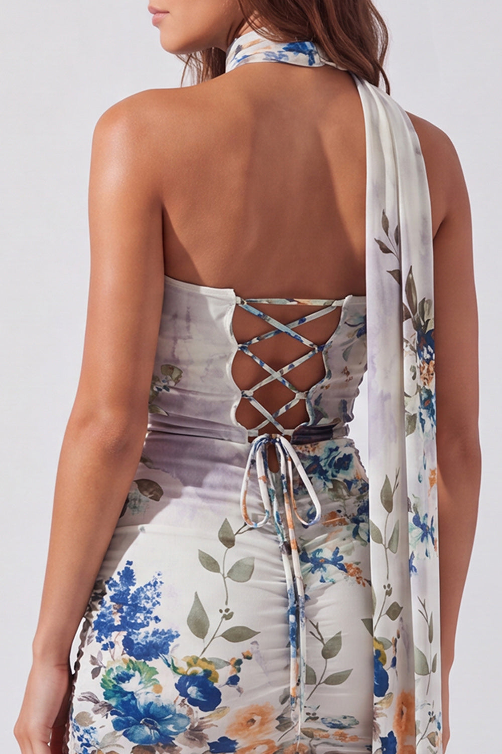 Floral Ivory Tight Strapless Short Homecoming Dress with Neck Scarf
