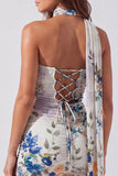 Floral Ivory Tight Strapless Short Homecoming Dress with Neck Scarf