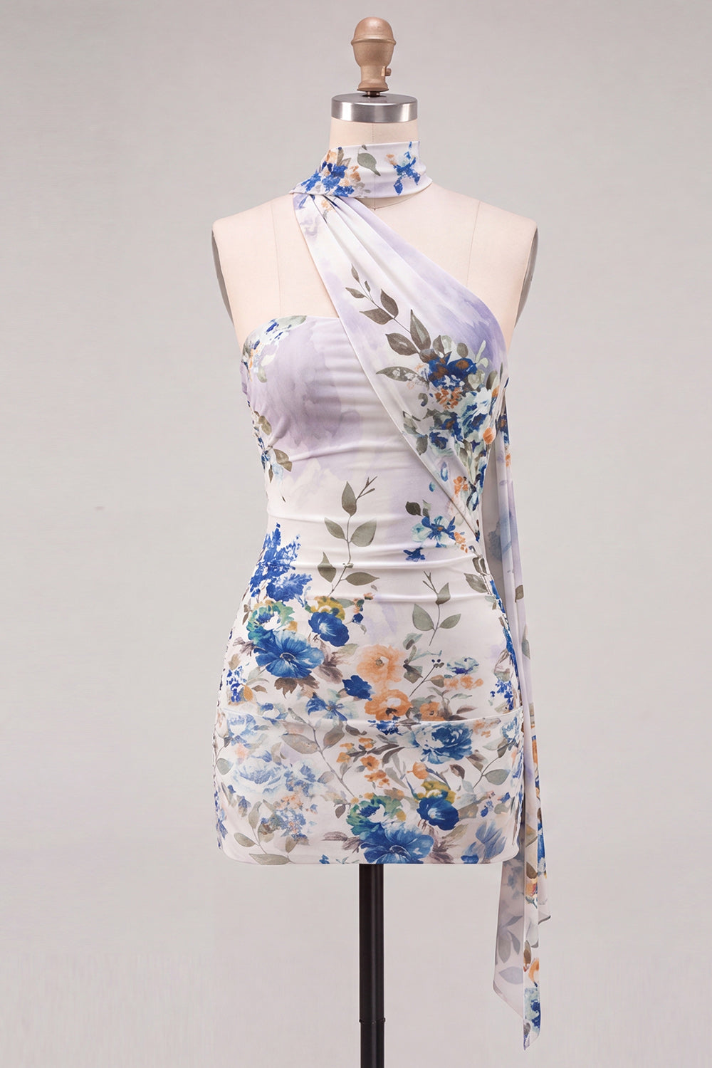 Floral Ivory Tight Strapless Short Homecoming Dress with Neck Scarf
