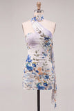 Floral Ivory Tight Strapless Short Homecoming Dress with Neck Scarf