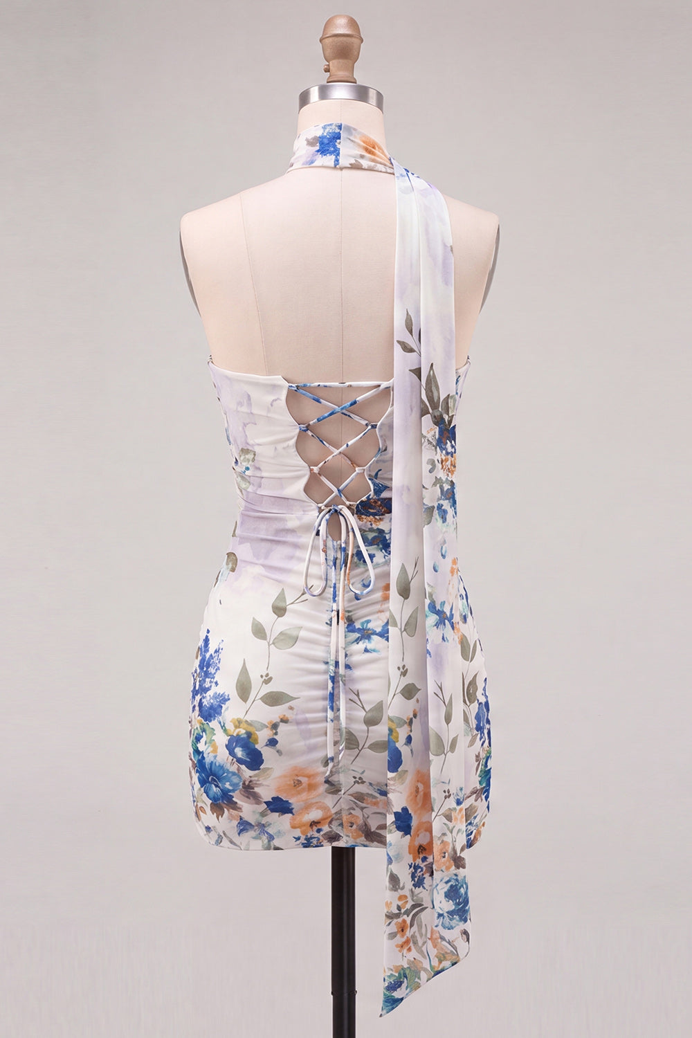 Floral Ivory Tight Strapless Short Homecoming Dress with Neck Scarf