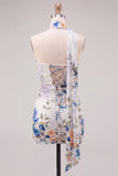 Floral Ivory Tight Strapless Short Homecoming Dress with Neck Scarf
