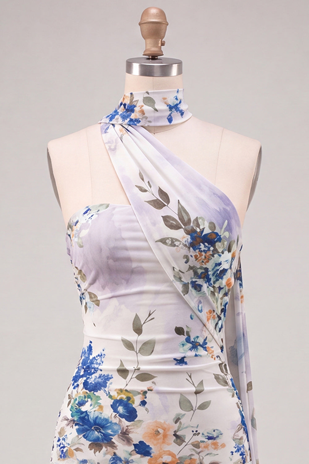 Floral Ivory Tight Strapless Short Homecoming Dress with Neck Scarf
