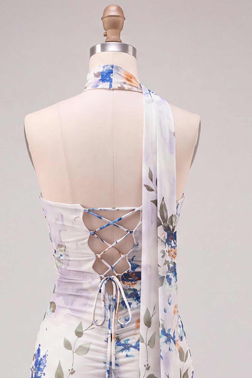 Floral Ivory Tight Strapless Short Homecoming Dress with Neck Scarf