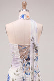 Floral Ivory Tight Strapless Short Homecoming Dress with Neck Scarf