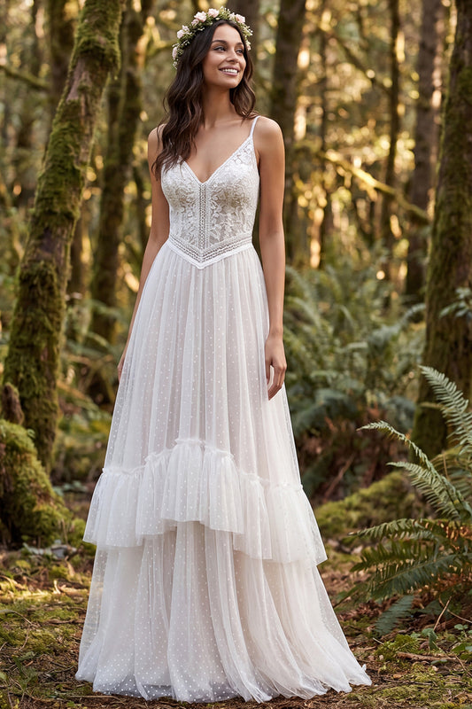 Ivory Polka Dots A-Line Ruffled Sweep Train Boho Wedding Dress