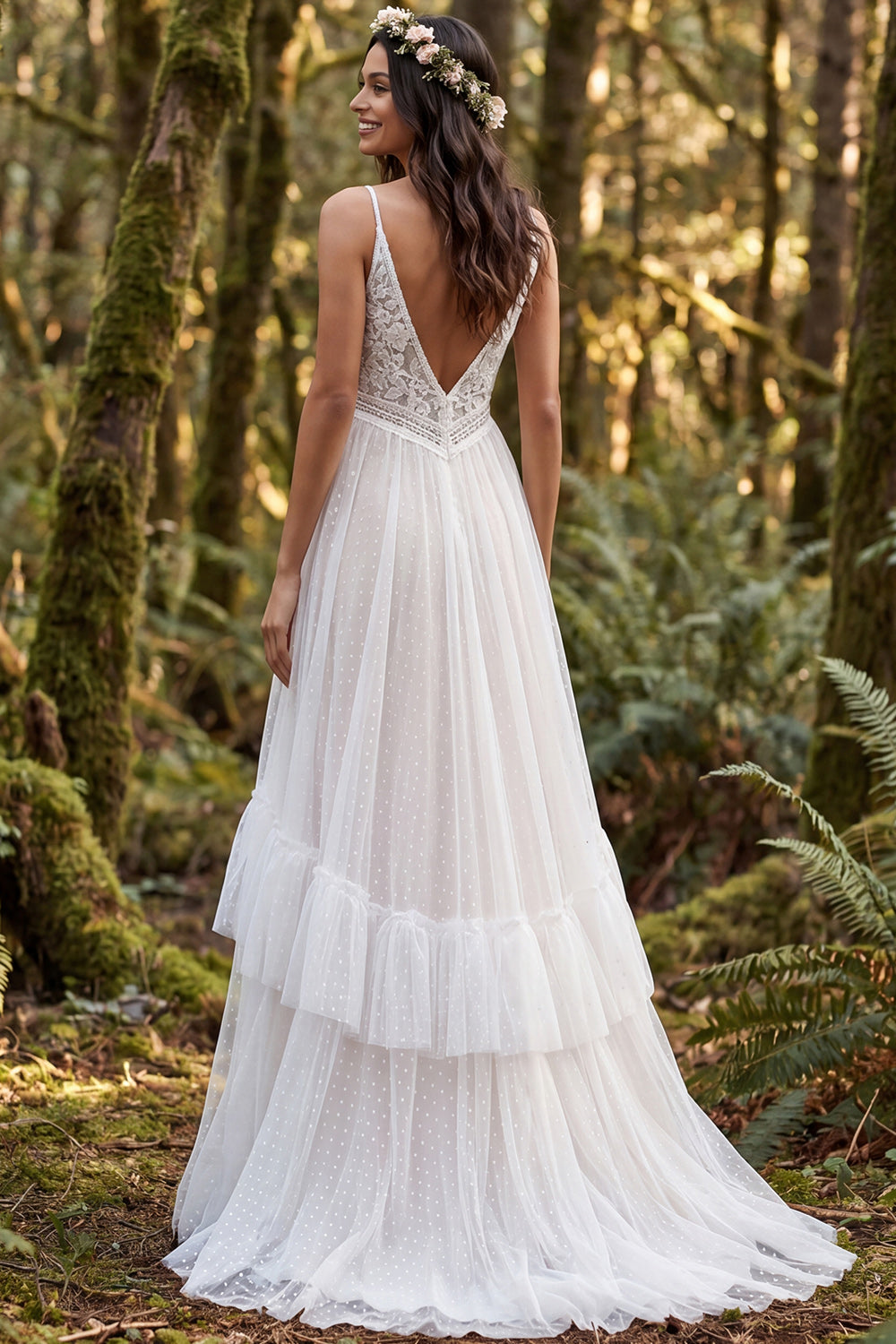 Ivory Polka Dots A-Line Ruffled Sweep Train Boho Wedding Dress