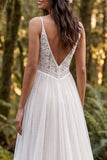 Ivory Polka Dots A-Line Ruffled Sweep Train Boho Wedding Dress