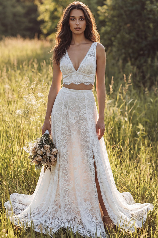 Ivory Lace 2-Piece A-Line Sweep Train Boho Wedding Dress with Slit
