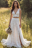 Ivory Lace 2-Piece A-Line Sweep Train Boho Wedding Dress with Slit