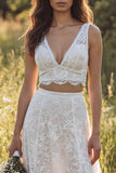 Ivory Lace 2-Piece A-Line Sweep Train Boho Wedding Dress with Slit